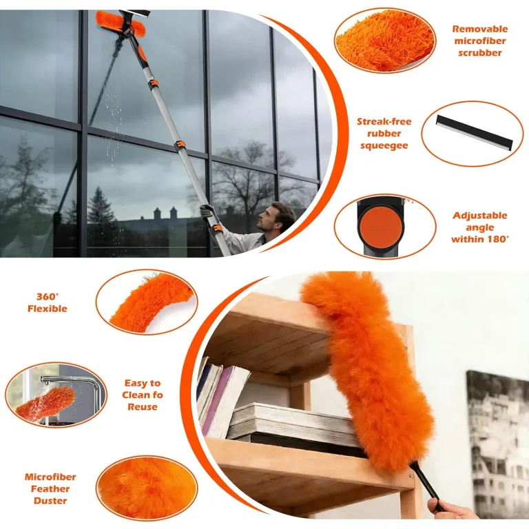 25FT Reach High Ceiling Duster Kits with 5-20FT Adjustable Pole - Includes Extra Long Duster, High Ceiling Duster, Rotatable Window Squeegee & Cobweb Duster for Ceiling Fans and Whole House Cleaning, photo 5