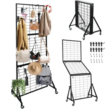 Heavy Duty Foldable Grid Wall Panels Display Stand 6FT x 2FT, 1-Pack Grid Panel Wire Grid Display Rack with Braked Wheels & 20 Hooks, No Tools Setup Gridwall for Art Fairs, Craft Shows & Home Storage