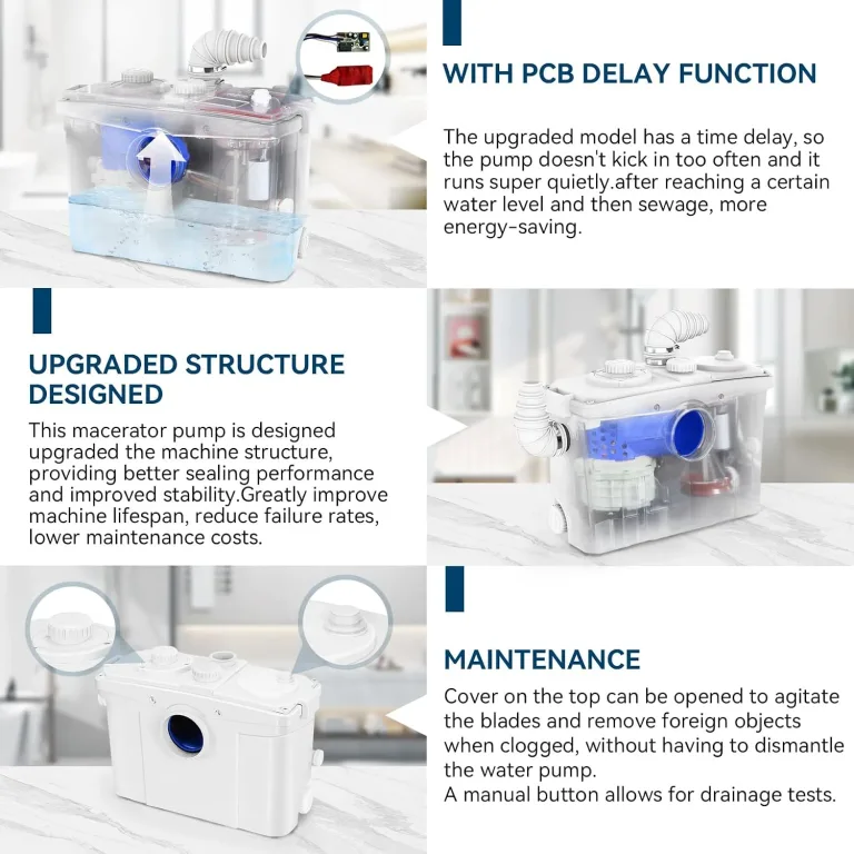 1200W Macerator Pump with PCB Function Toilet Pump Utility Sink Pump Upflush to 39.4FT 2800GPH Macerating Toilet System with 4 Water Inlets 2 Outlets for Toilet Sink Shower Laundry Kitchen Basement, photo 4