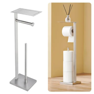 Freestanding Toilet Paper Holder for Bathroom – Brushed Stainless Steel Square Tissue Dispenser with Storage Tray & Roll Organizer