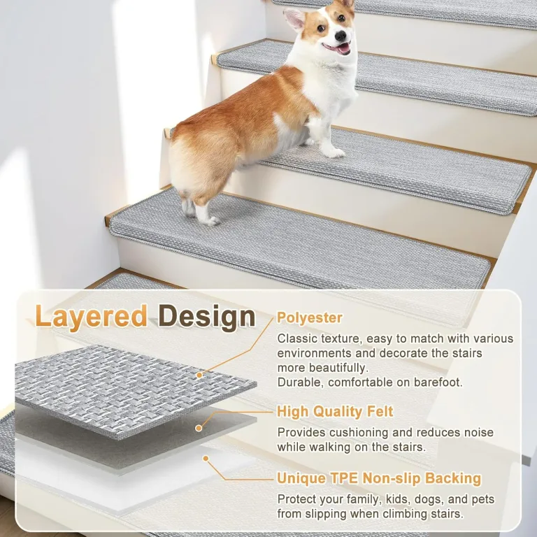 SMILOOL Bullnose Carpet Stair Treads Non Slip for Wooden Steps Indoor, 9.5" x 35" 14 Pieces, Extra Wide Bull Nose Carpet Runners for Wood Stairs, Step Covers, Stair Tread Rugs, Washable, Light Grey, photo 4