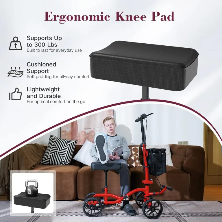 Fvzzin Lightweight Knee Scooter Crutch Alternative, Foldable & Adjustable Knee Scooter for Adults for Foot Surgery, Steerable Knee Walker with Detachable Storage Basket, Includes DIY Stickers-Hot Red, photo 2
