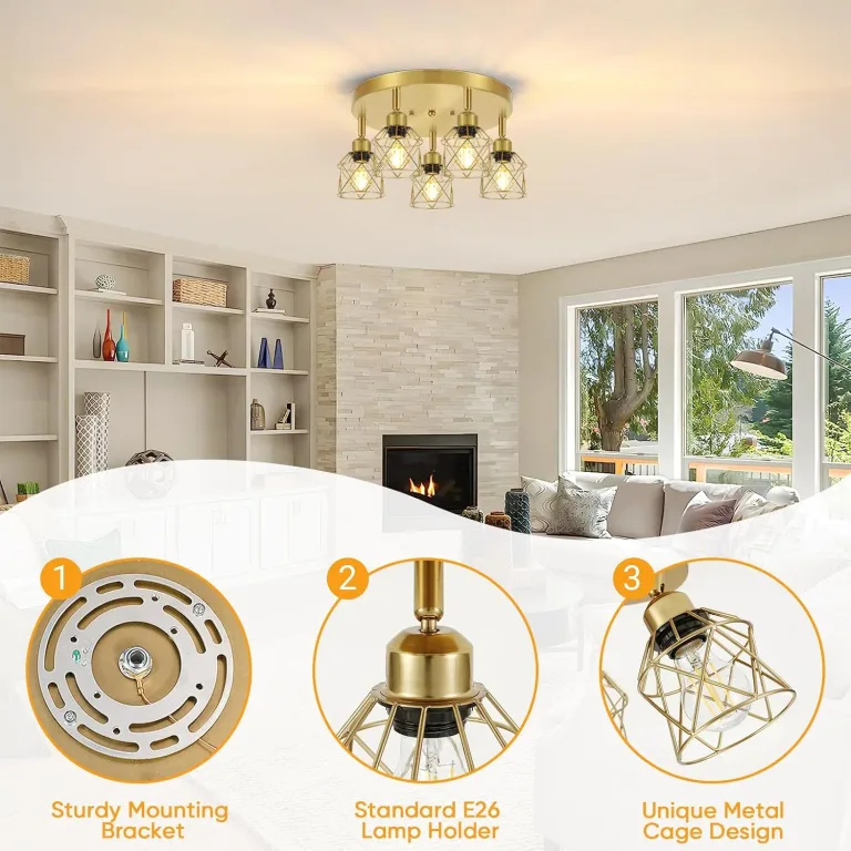 Baocuz 5-Light Semi Flush Mount Ceiling Light, Gold Kitchen Lighting Fixtures Ceiling with Metal Shade, Hallway Light Fixtures with Mini Cage for Entryway, Bedroom, Living Room, photo 3