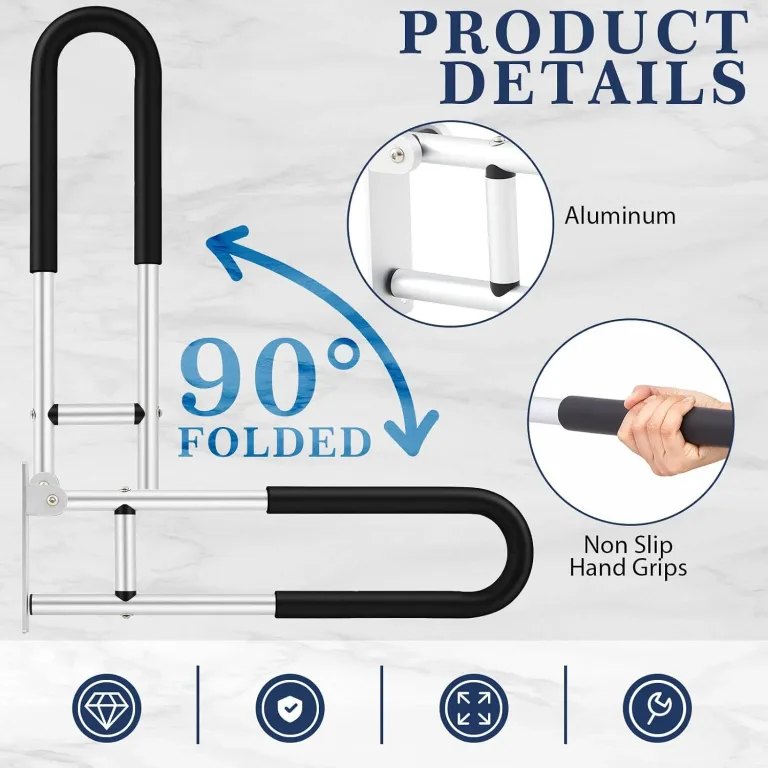 Zonon 2 Pack 23.6 Inch Handicap Grab Bars, Flip up Aluminium Alloy Toilet Safety Rails, Anti Slip with Paper Holder, Bathroom Support Rail for Elderly Disabled Pregnant (Anti-Slip Handle), photo 3