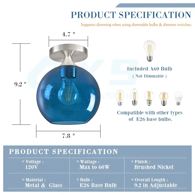 8" Modern Semi Flush Mount Ceiling Light Blue Globe Ceiling Lights Mid-Century Modern Ceiling Light Fixtures Blue Glass Light Fixture for Hallway Foyer Entryway Laundry Bulb Included, photo 4