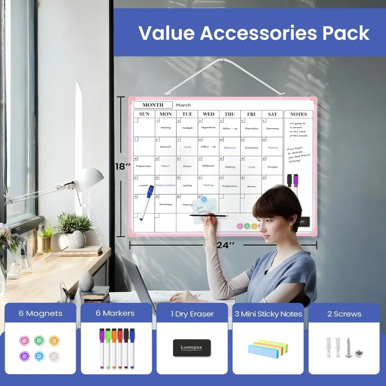 Monthly Whiteboard Calendar for Wall, 24" x 18" Dry Erase Board with Plastic Frame, Hanging Dry Erase Calendar with 3 Mini Sticky Notes for Kitchen Planner, Memo, Home and Office, Pink, photo 3