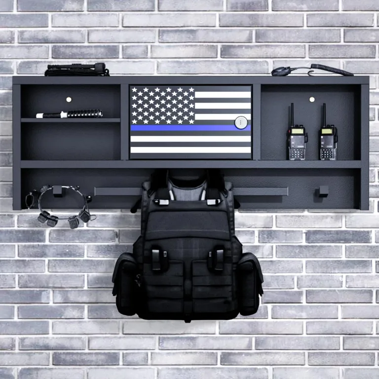 Police Gear Rack, Wall Mounted Police Hanger with Hooks, Tactical Duty Gear Rack with Password Lock Safe, Black Body Armor Stand for Police, Law Enforcement, Academy Graduation Gift, photo 2