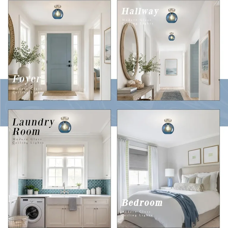 8" Modern Semi Flush Mount Ceiling Light Blue Globe Ceiling Lights Mid-Century Modern Ceiling Light Fixtures Blue Glass Light Fixture for Hallway Foyer Entryway Laundry Bulb Included, photo 2