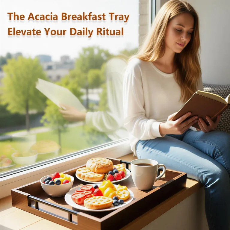 Acacia Wood Serving Tray, 17x13in Ottoman Tray with Metal Handles, Decorative Tray for Coffee Table, Rustic Wooden Breakfast & Drink Tray for Breakfast, Dinner & Bar, Storage Tray for Kitchen, photo 4