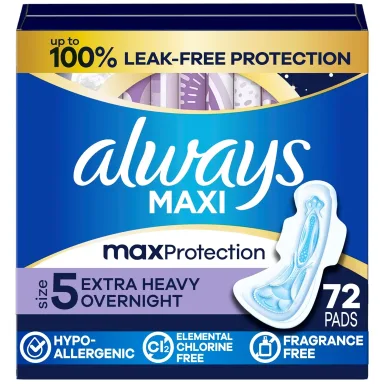 Always Maxi Overnight Pads with Wings, Size 5, Extra Heavy Overnight, Unscented, 72 Count