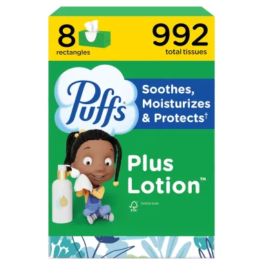Puffs Facial Tissues Plus Lotion, 8 Family Rectangle Boxes, 124 Facial Tissues per Box, Allergies and Colds (Packaging May Vary)