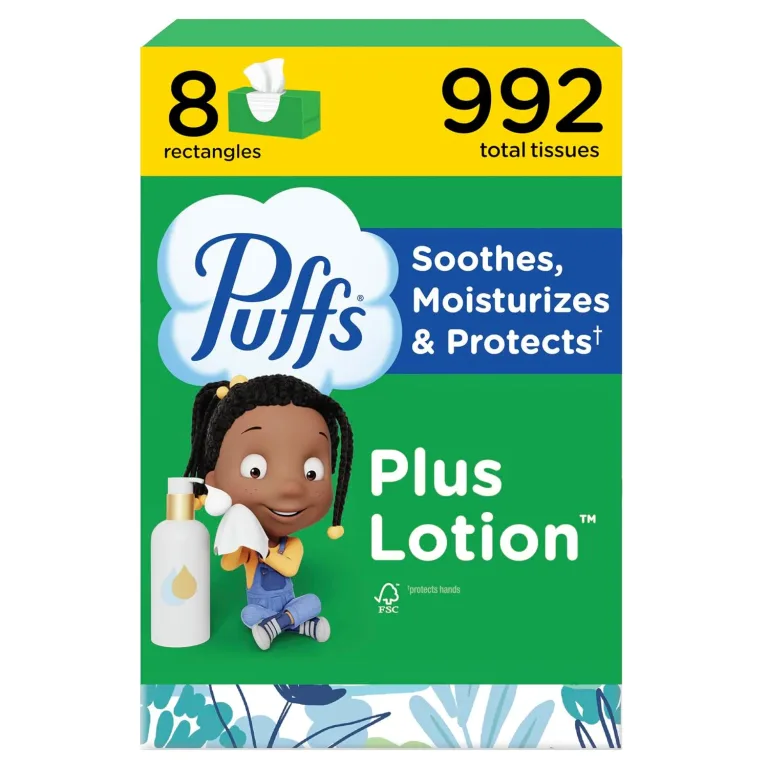 Puffs Facial Tissues Plus Lotion, 8 Family Rectangle Boxes, 124 Facial Tissues per Box, Allergies and Colds (Packaging May Vary), photo 1