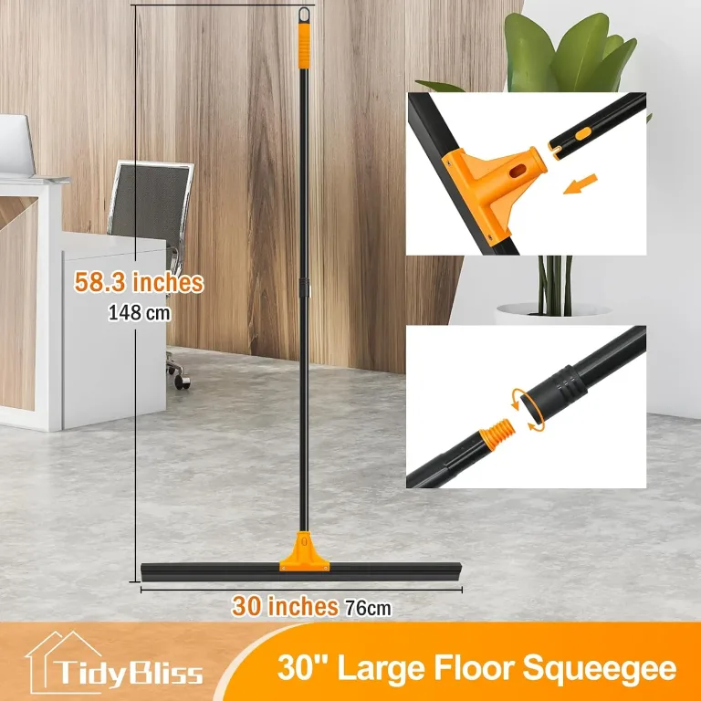 TidyBliss 30” Large Floor Squeegee Broom, Heavy Duty Rubber Foam Water Scraper, Epoxy Wiper Mop with 58.3 inches Long Handle for Cleaning Concrete Pool Rug Garage Deck Shower Window Outdoor (Orange), photo 2